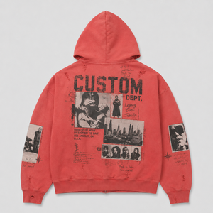 Custom 450GSM Cotton Hoodie Sun Bleached Mud Wash Distressed Boxy Fit Heavyweight Red <b>Pullover</b> Vintage Streetwear <b>Men</b> Hoodie - Product Image 2