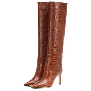 Diseño elegante de las mujeres tirar vestido largo botas tamaño 45 rodilla alta zapatos de punta de tacón alto Stiletto zapatos bombas zapatos