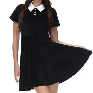 En çok satan özel logo okul üniforması ve Modern uzun kollu v boyun siyah kadın elbise