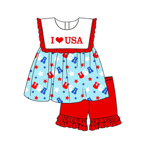 Conjunto Infantil al por Mayor GSSO3637 Personalizado para Niña Activa, Diseño I Love USA sin Mangas - Product Image 1
