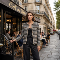 Manteau Femme Nouvelle Collection 2026 - Rayures Bleues et Blanches Luxueuses Col Rond - Tissu Personnalisé OEM/ODM Élégant et Tendance