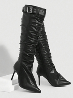 Bottes hautes marron en similicuir pour femme, personnalisables, à bout pointu, talon aiguille, avec boucle et fermeture éclair latérale