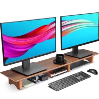 Estante de escritorio de madera de bambú JQ, elevador de soporte de monitor doble grande con patas de corcho ecológico para impresoras de ordenador portátil, TV y PC