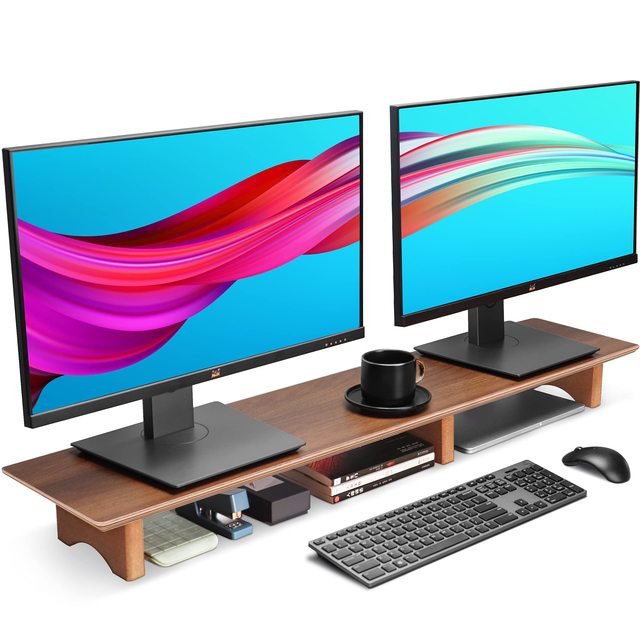 JQ Bamboo Wood Desk Shelf Large Dual Monitor Stand Riser with Eco Cork Legs for Laptop Computer TV PC Printers