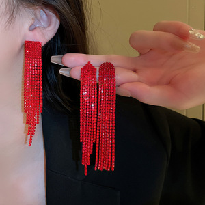 New Year <b>Red</b> Design Square Tassel Silver Pin <b>Earrings</b> for Women's Headscarves-niche Light Luxury Elegant - Product Image 2