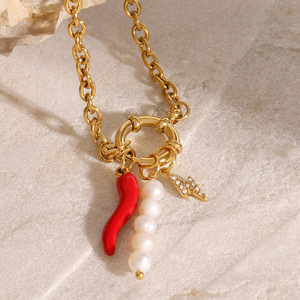 Fashion Charm <b>Bracelet</b> Gold Chain Pearl <b>Red</b> Chili Pendant Unisex Jewelry Gift - Product Image 2