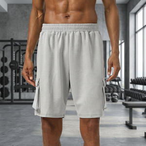Shorts cargo gris pour homme, taille mi-haute, élastique, respirant, en coton, style décontracté avec poches - Product Image 2
