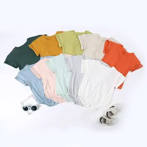 Monos de manga corta de verano para bebés, niños y niñas, camiseta de gran tamaño de Color sólido, peleles de burbujas de bambú para niños pequeños