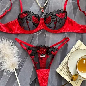 Lingerie Floral Malha Bordado Roupa Interior Bem-olhando para Mulheres Fino Fantasia Rendas Íntimas 2 Peça Sensual Set Íntimo