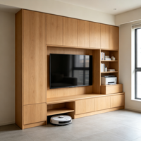 Meuble TV mural de style italien de luxe avec plateau en marbre foncé, armoires de présentation en verre pour salon