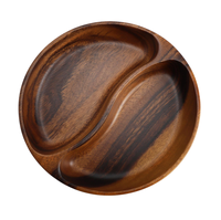 Assiette en bois d'acacia FSC à 2 sections, plateau à compartiments ronds pour collations, OEM personnalisé pour la cuisine