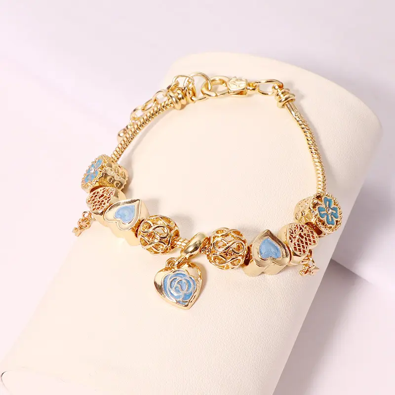 High Quality Gold Plated Blue Flower Charm Bracelet Large Hole Crystal Heart DIY Charm Bracelet For Women