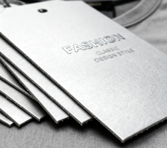 High-End Customized Clothing Labels Thick Black Paper Hang Tags With Silver And Gold Embossed Nameplates Designed For Garments