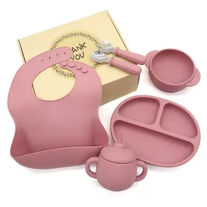 Venta superior personalizado bebé estampado babero cuchara tazón impermeable succión placa plato calabaza silicona vajilla alimentación conjunto para niños