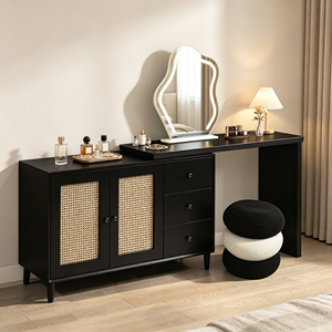 Modern Black Makeup <b>Vanity</b> With Rattan Cabinet Drawers Lighted <b>Mirror</b> And Stool Bedroom <b>Dressing</b> <b>Table</b> - Product Image 1