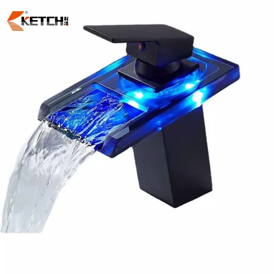 Luxury Glass Waterfall Faucet for Bathroom Sink Modern Washbasin Mixer Tap with LED 3 Colors Change