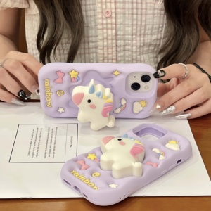 Custodia per telefono antiurto in silicone 3D a forma di <span class=keywords><strong>unicorno</strong></span> con supporto retrattile per ragazze, compatibile con i modelli 13-17 - Product Image 1