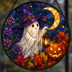 POD Premium Acchiappasole in Vetro Colorato con Stampa di Strega e Fantasma, Decorazione da Appendere alla Finestra, Regalo di Halloween per la Casa, Decorazione Autunnale - Product Image 1
