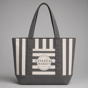 Nouveau sac fourre-tout en toile de coton violet à rayures, réutilisable, brodé, avec fermeture éclair, pour la plage et le shopping - Product Image 3