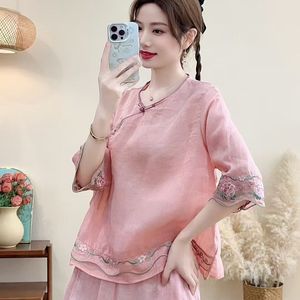 Traditional Chinese Embroidered Cotton Linen Top Women Loose Three Quarter Sleeve White Pink Yellow Purple JK346 - Product Image 3