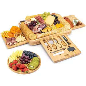 Hook-tabla multifuncional Premium de bambú para servir queso, juego de platos y cuchillos con cajón oculto
