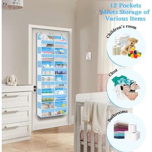 Over The Door Organizer 6 Tiers 12 Compartments Blue Hanging Storage For Clothes <b>Shoes</b> Behind Door Wall Mount <b>Hook</b> Type - Product Image 6