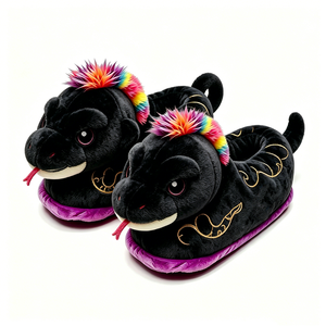 Customized Cute <b>Rainbow</b> <b>Friends</b> <b>Plush</b> Slippers Black With <b>Rainbow</b> Hair And Gold Embroidery Unisex For Ages 14+ - Product Image 1