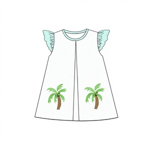 Abito Estivo per Bambina in Puro Cotone con Ricamo di Palme e Maniche a Sbuffo, Prezzo all'Ingrosso di Fabbrica Puresun - Product Image 1