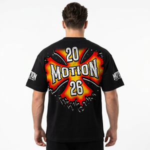 T-shirt noir à manches courtes avec imprimé motif flamme, coupe classique, col rond, style streetwear, jersey en coton pour homme - Product Image 6
