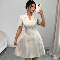Robe Blazer Femme Manches Courtes Double Boutonnage Col V Taille Haute Élégante Professionnelle pour le Bureau
