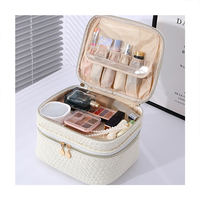 Bolsa de Cosméticos de Gran Capacidad de Cuero PU, Organizador de Maquillaje de Doble Capa con Asa y Cierre, Bolsa de Aseo para Viaje