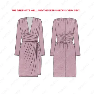 Customized Fabric Vintage Ruched Decoration Waist Dress Full Sleeve Surplice V-Neck Wrap Women Casual Dress