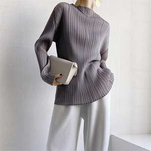 Haut plissé à manches longues pour femme, col montant texturé, décontracté, pour le bureau, 100 % polyester, vente en gros, vêtements de mode - Product Image 1
