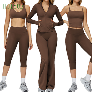 Ensemble de vêtements de yoga pour femmes grandes tailles, 5 pièces, ensembles de fitness, leggings évasés à fermeture éclair sur le devant, spandex/nylon, séchage rapide, veste à manches longues - Product Image 1