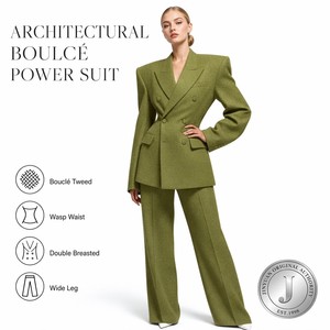 Completo da <span class=keywords><strong>Donna</strong></span> Verde Oliva Doppiopetto, <span class=keywords><strong>Blazer</strong></span> con Risvolto a Punta e Pantaloni a Gamba Larga, <span class=keywords><strong>Tweed</strong></span> Business Personalizzato OEM/ODM - Product Image 1