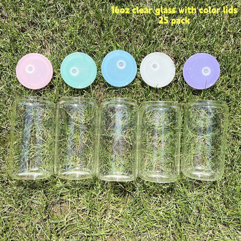 clear - 16oz clear glass with color lids /25pcs