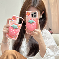 Coque de téléphone rose 3D fraise avec support escamotable, compatible avec iPhone 17PROMAX 16PLUS 15PRO 14 13 12 11, protection intégrale