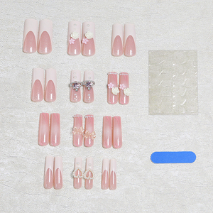Lot de 24 <span class=keywords><strong>faux</strong></span> <span class=keywords><strong>ongles</strong></span> carrés roses français à presser, couvrance totale, avec décoration 3D nœud et <span class=keywords><strong>diamant</strong></span>, pour nail art, vente en gros - Product Image 4