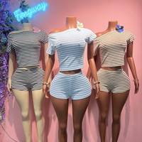 Crop top à rayures à une épaule et manches courtes, ensemble 2 pièces pour femme, tenues élégantes décontractées printemps-été