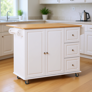 Isola da cucina con piano in legno, mobile bianco con 3 cassetti e ruote, soluzione di archiviazione per la cucina - Product Image 2