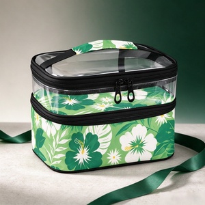 Clear Top PVC Cosmetic <b>Bag</b> with Hawaiian Hibiscus Print Waterproof Double Layer <b>Travel</b> <b>Toiletry</b> Makeup Pouch with Handle - Product Image 1