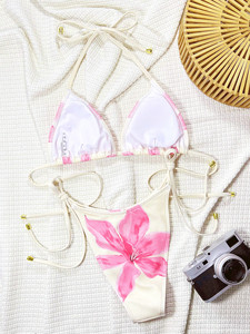 Conjunto de Bikini Sexy con Estampado Floral y Cordones, Traje de Baño Triangular con Logotipo Personalizado, Traje de Baño de Lujo para Mujer - Product Image 5