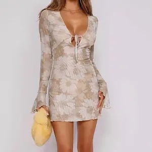 Fashion Slim Fit Bell Sleeve Short V-neck Dress For Women Lace-up Detail Printed Dress