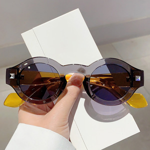 2026 Vintage Rivets Small Round Sunglasses Women Men Metal Hinge Glasses Thick <strong>Frame</strong> <strong>Grey</strong> Transparent Anti Blue Light Eyewear - Product Image 1