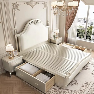 Lit King Queen de luxe français au design moderne, panneau <span class=keywords><strong>en</strong></span> <span class=keywords><strong>bois</strong></span> massif, couleur crème, style double lit américain et europé<span class=keywords><strong>en</strong></span>, pour <span class=keywords><strong>chambre</strong></span> principale - Product Image 3