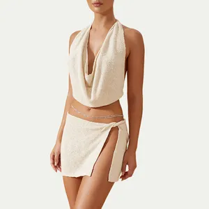 Capa de praia de malha com gola de halter sexy sem mangas sem costas, top cropped exclusivo de fábrica, mini saias de malha para cobrir