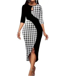 spring womens clothing elegant Fashionable commuter plaid print pattern short sleeves hip wrap max Three Quarter dresses