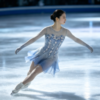 Robe de patinage artistique bleu dégradé à manches longues, dos en maille transparente, jupe en mousseline ornée de strass, costume de performance de compétition personnalisé