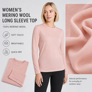 16.5 Micron <b>Wool</b> Women's Long Sleeve T-Shirt Outdoor <b>Base</b> <b>Layer</b> Sports Top Custom Logo Premium Soft Warm Breathable Hiking Tee - Product Image 1