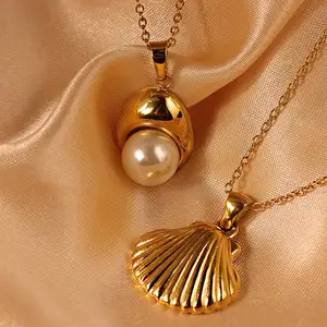 Wholesale High Quality PVD 18k Gold Plated Seashell Necklace Waterproof Pearl Necklace Summer Style Charm Necklace